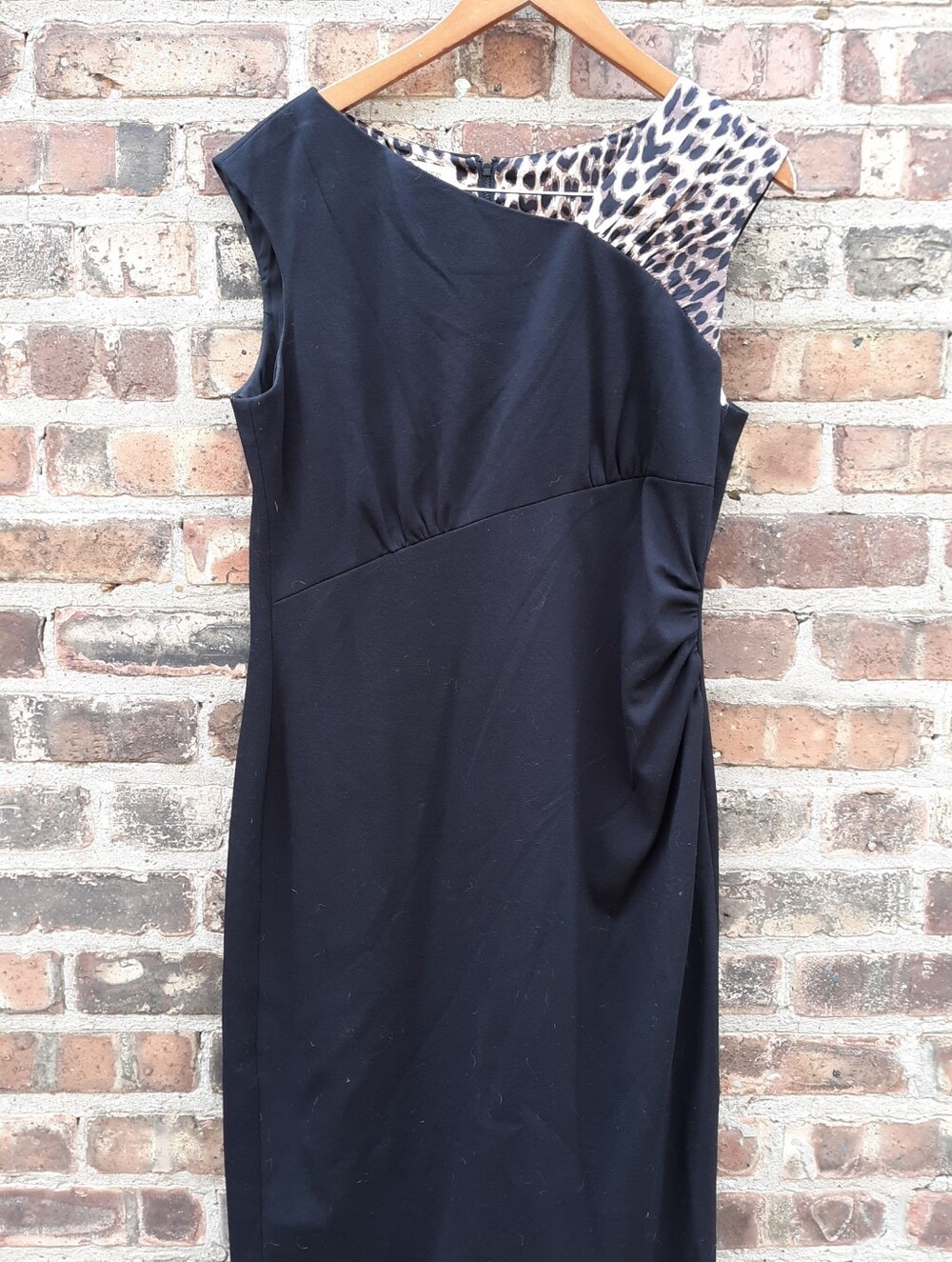 Kay Unger Black Dress 14 Silk Leopard Accent Asymmetric Ruched Sheath